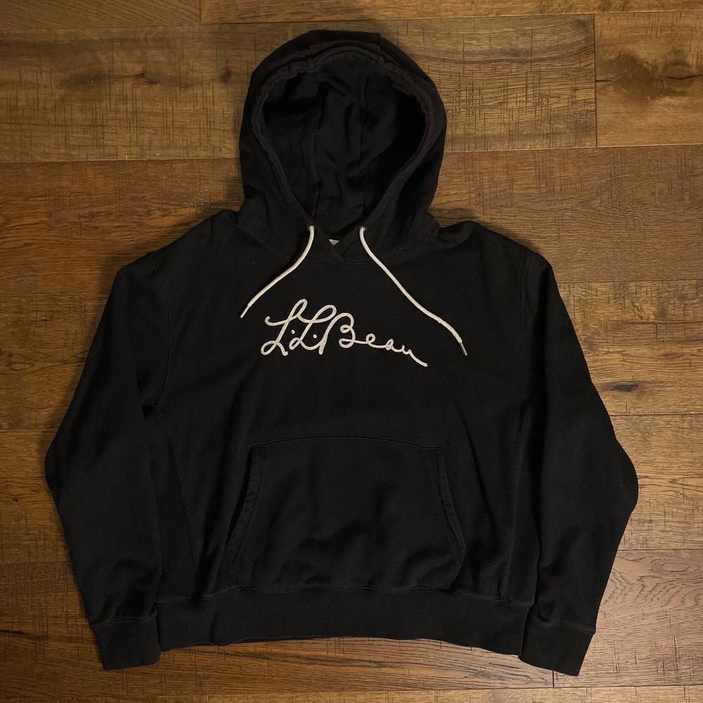 LL Bean Signature Cropped Hoodie Womens M Black Gorpcore Chain Stitch Pullover